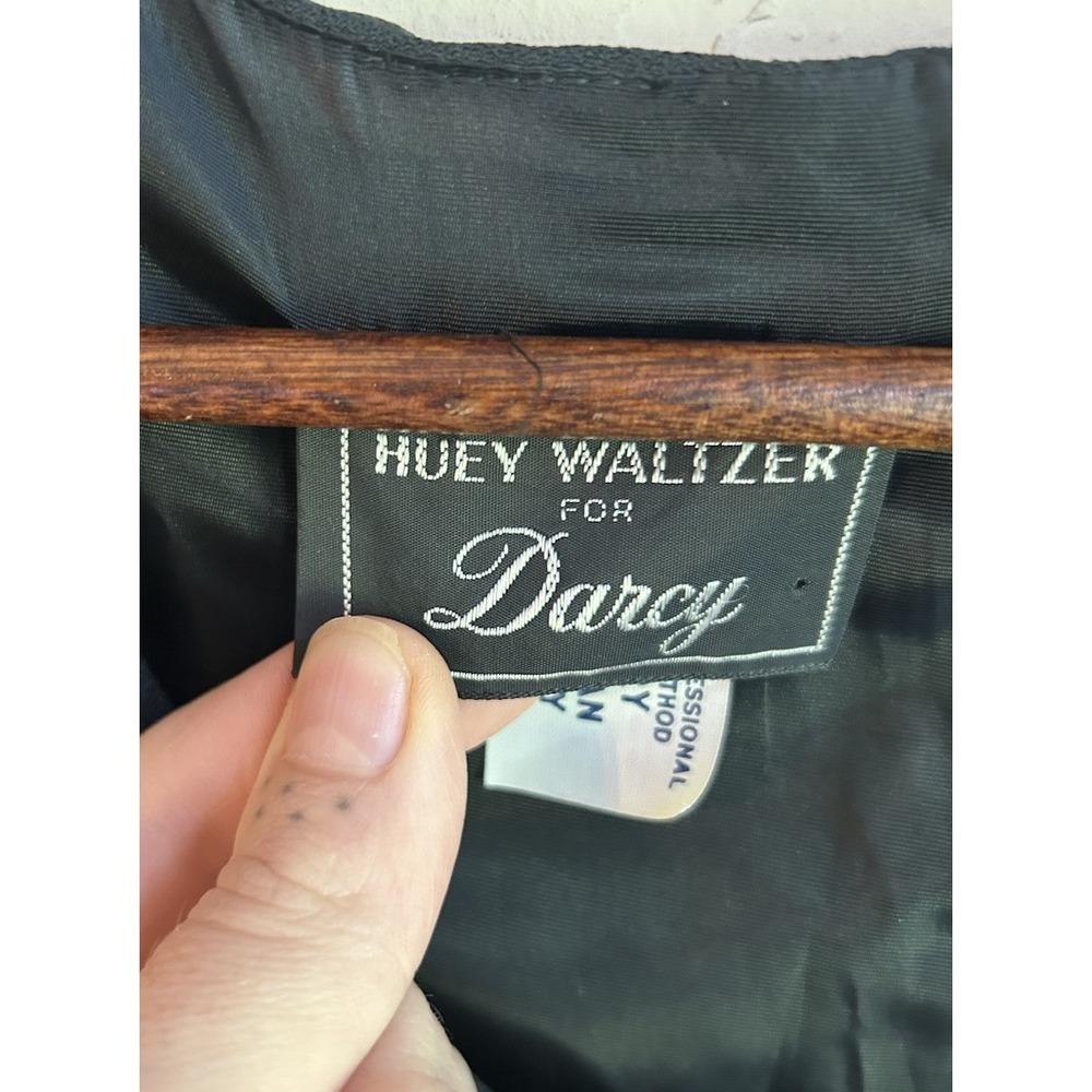Vintage 80s Huey Waltzer For Darcy Black Peplum Bow Midi Dress 6 Party Glam - Picture 9 of 11